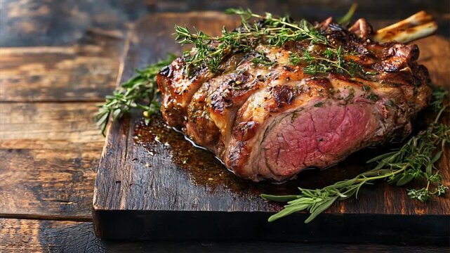 Delicious roasted beef prime rib garnished with fresh herbs on a rustic wooden cutting board, ready to be served for a gourmet meal.