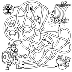 Puzzle for kids. Labyrinth. Find the viking's way to the ship. Coloring for kids