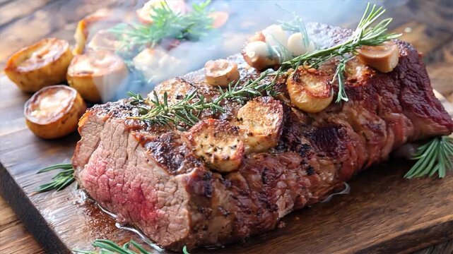 Delicious roasted beef topped with garlic and herbs, served with roasted mushrooms on a wooden board.