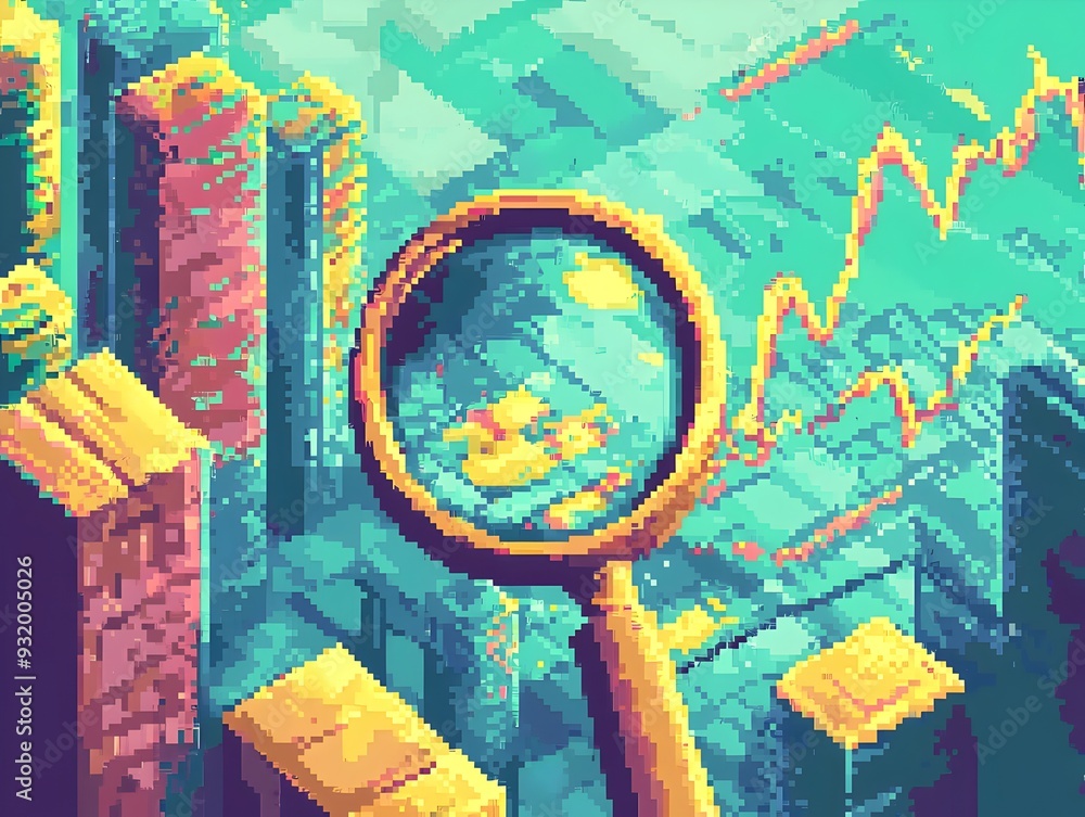 Aufkleber Magnifying Glass Hovering Over Pixelated Financial Data in Retro 8 bit Style