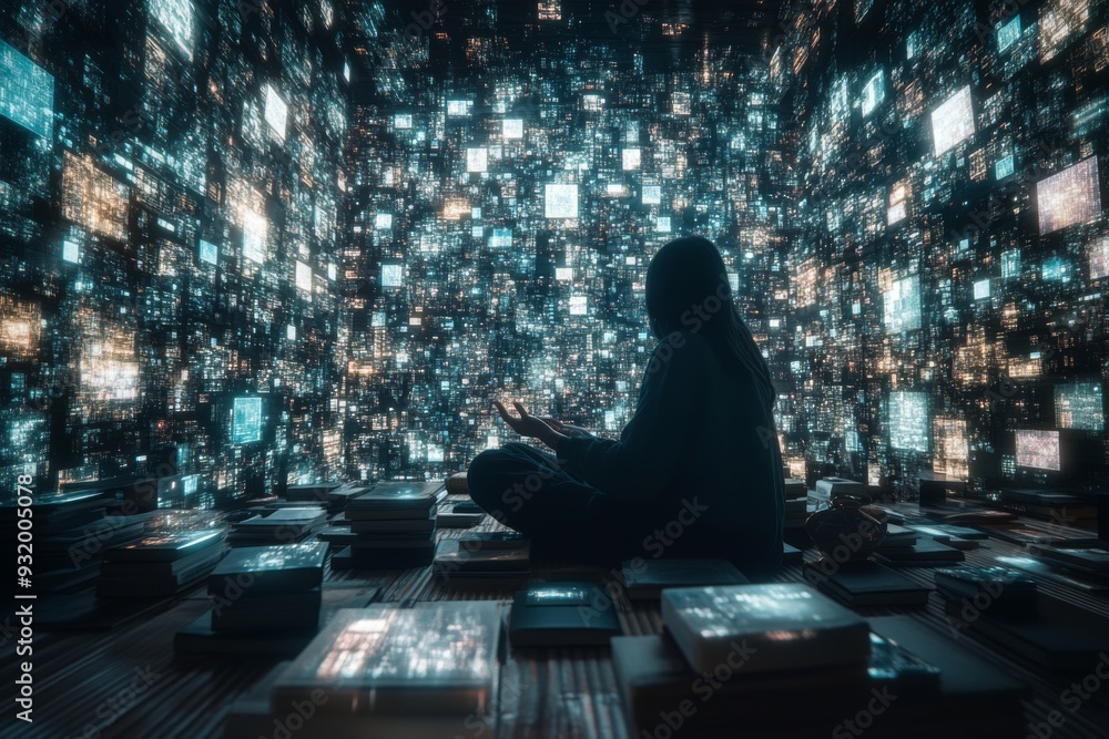 Poster tech savvy individual immersed in a digital environment filled with screens and data embodying the c