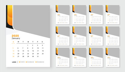 2025 Wall calendar template 12 page, Week starts on Sunday, Simple vertical calendar design template.