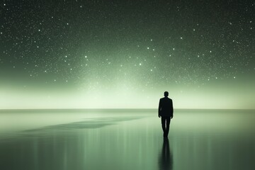 Serene figure standing alone by a tranquil reflective lake under a green tinged sky capturing solitude and peace in a minimalistic ethereal landscape
