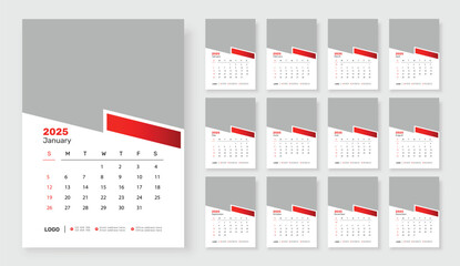 2025 Wall calendar template 12 page, Week starts on Sunday, Simple vertical calendar design template.