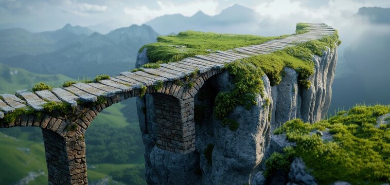 Impressive 3d illustration of a fantasy bridge crossing a deep chasm, set in an expansive and epic landscape full of wonder