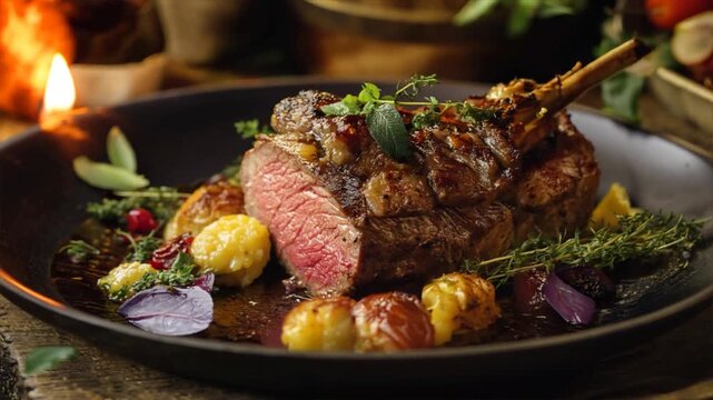 Gourmet roast lamb served with assorted vegetables, garnished with fresh herbs, presented in a black plate for a delightful dining experience.