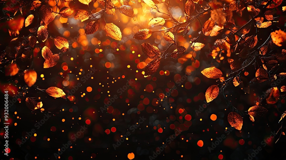 Poster a beautiful scene of autumn leaves illuminated by warm light, creating a magical atmosphere filled w