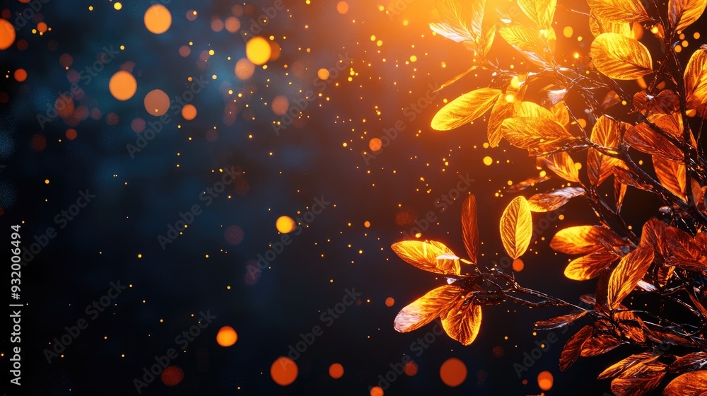 Poster A beautiful autumn leaf with glowing bokeh lights, creating a warm and enchanting atmosphere for fall-themed designs.