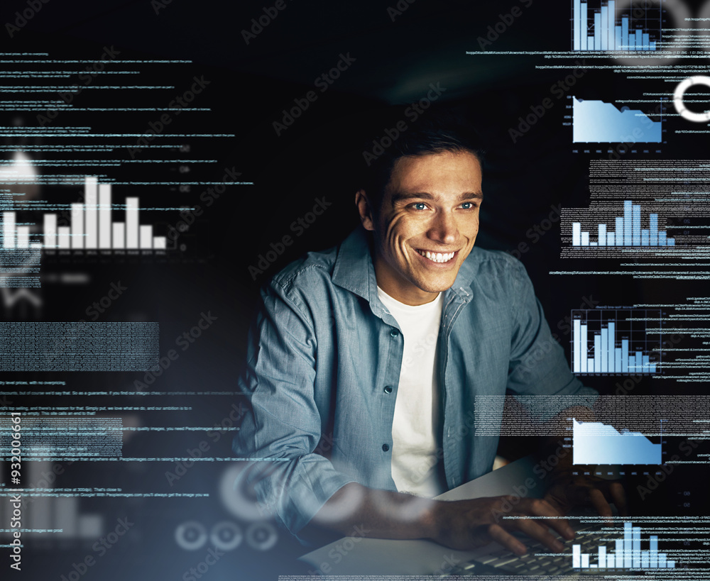 Poster man, overlay and excited on computer with coding at night as employee for overtime and deadline with