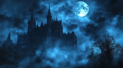 Mysterious gothic castle with full moon in dark, cloudy sky creating eerie, atmospheric night scene.