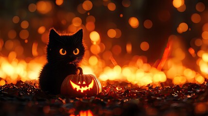 A cute black cat sitting beside a glowing jack-o'-lantern, surrounded by warm autumn lights, creating a festive Halloween atmosphere.