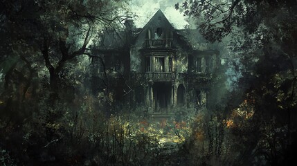 An eerie and abandoned mansion surrounded by dense, foggy woods, evoking a haunting and mysterious atmosphere.