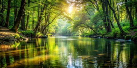 Obraz premium Serene river in dense forest with sunlight filtering through creating dappled patterns on water, River, forest, serene