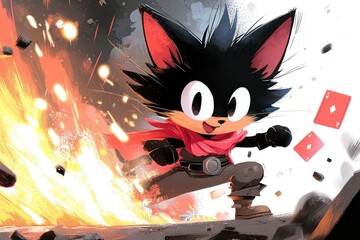 Black Cat Super Hero with Red Cape and Playing Card