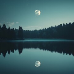 Tranquil Moonlit Lake Reflecting Surrounding Forest and Brilliant Full Moon
