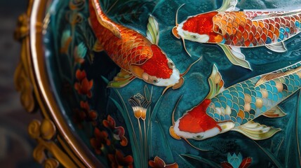 Detailed cloisonn&eacute; artwork featuring vibrant koi fish swimming among aquatic plants, created with intricate metalwork and colorful enamel