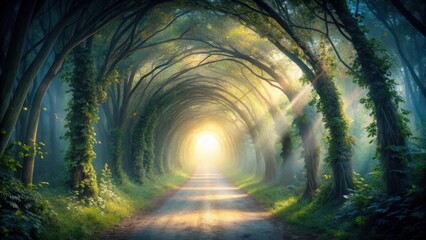 Naklejka premium Soft light filters through mist in dreamlike tunnel, casting ethereal glow on winding path ahead, dream, tunnel, mist