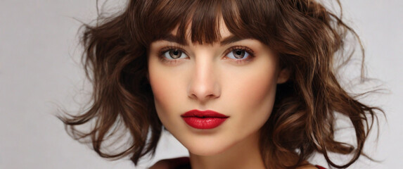 Fototapeta premium Close up studio portrait of natural beautiful woman with red lipstick