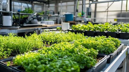 A high-tech agricultural facility with automated systems and digital crop monitoring