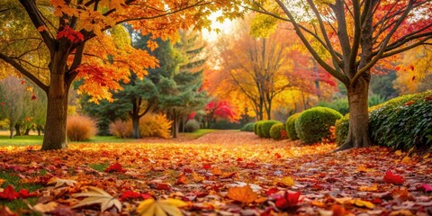 Colorful leaves cover the ground in an autumn garden, autumn, garden, foliage, seasonal, nature, fall, colorful, leaves
