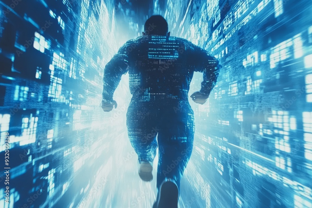 Poster male figure running through a digital environment with glowing blue matrix effects symbolizing high 