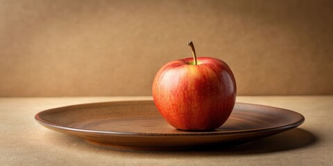 Perfect apple on a brown plate against a soft beige background, apple, perfect, ripe, fruit, healthy, fresh, organic, red