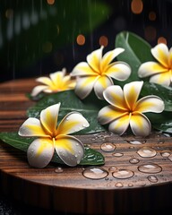 Fototapeta premium Beautiful frangipani flowers with droplets rest on green leaves, creating a serene and refreshing atmosphere.
