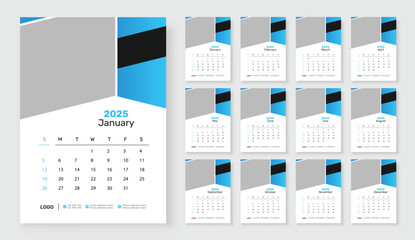 2025 Wall calendar template 12 page, Week starts on Sunday, Simple vertical calendar design template.