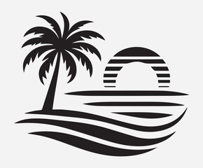 a vector logo that combines the outline of a palm tree with a setting or rising sun in the background.