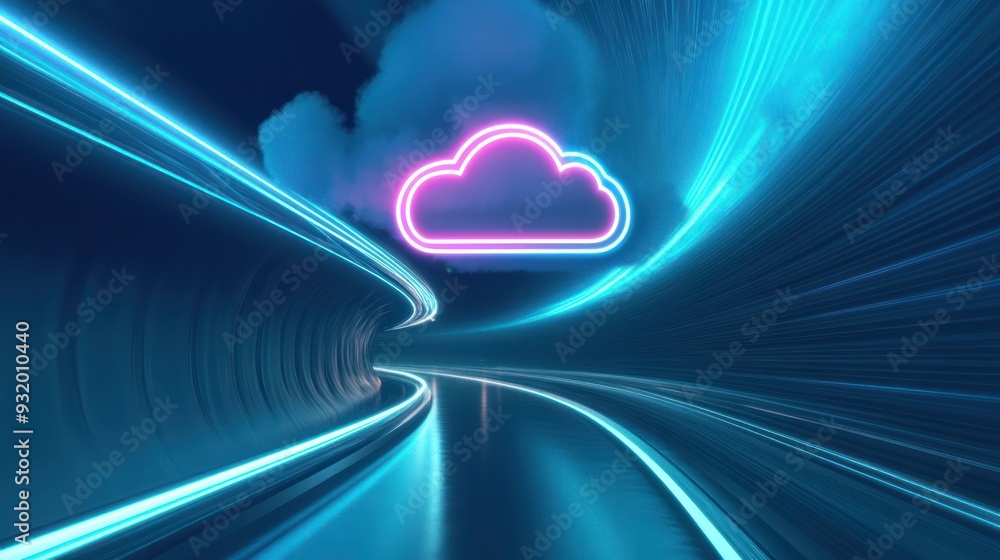 Poster cloud computing concept: abstract tunnel with neon lights and a cloud symbol