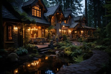Fototapeta premium legant house lodge nestled amidst lush twilight view image