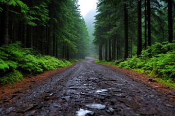 Obraz premium Foggy forest road surrounded by pine trees, eerie and atmospheric
