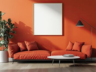 Modern living room with orange sofa, coffee table, and plant.