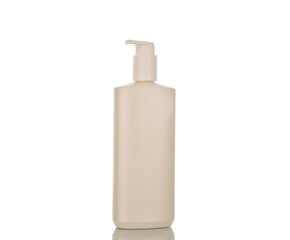 One plastic container for cream, macro, isolated on white background