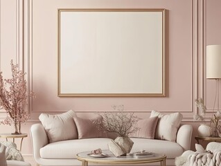 Mockup of a large framed picture hanging above a white sofa with pink pillows in a pink room.