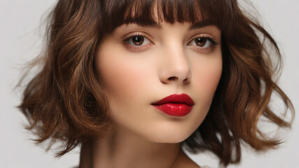Fototapeta premium Close up studio portrait of natural beautiful woman with red lipstick