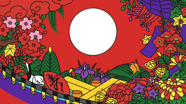 花札の各月の花と役が入った背景イラスト_16:9
