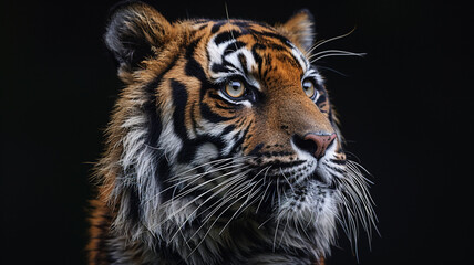 Obraz premium Close-up portrait of a tiger on a dark background