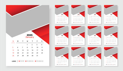 2025 Wall calendar template, corporate 12 month wall calendar 2025 schedule, week starts on Sunday, Simple vertical calendar design template.