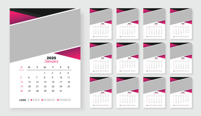 2025 Wall calendar template, corporate 12 month wall calendar 2025 schedule, week starts on Sunday, Simple vertical calendar design template.