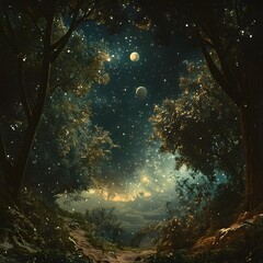 Obraz premium Ethereal Moonlit Forest Glade with Captivating Celestial Vista