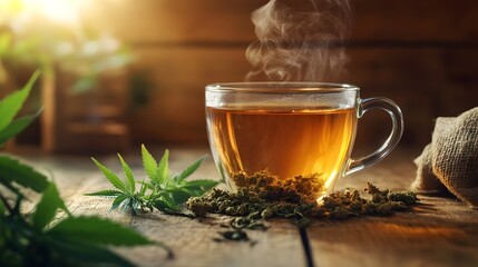 Steaming cup of homemade hemp infused tea with loose hemp leaves scattered around on a rustic wooden table  The warm soothing drink is part of a calming natural wellness ritual