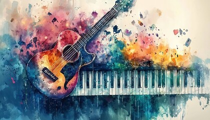 Abstract colorful guitar and piano keyboard. Watercolor illustration painting. Generative Ai