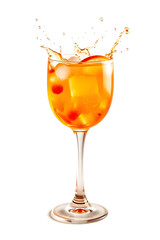 A refreshing cocktail in glass with ice, splashes of liquid, set against a vibrant orange background.