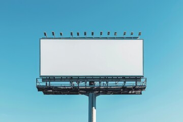 A highly realistic 3D mockup of a large outdoor billboard, set against a clear blue sky with no obstructions, offering ample copy space for branding or advertising. The billboard is isolated from