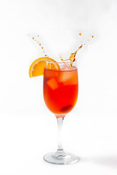 A refreshing cocktail in glass with ice, splashes of liquid, set against a vibrant orange background.