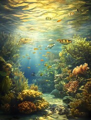 Naklejka premium Thriving Coral Reef Panorama with Iridescent Fish and Sun Kissed Waters
