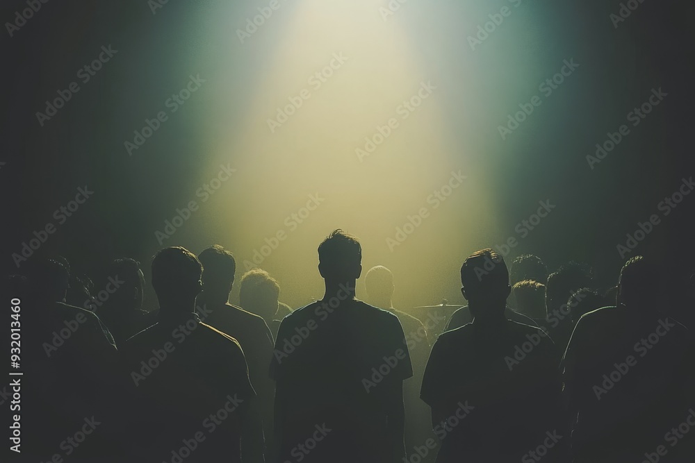 Poster atmospheric and mysterious silhouette of a person standing under a single spotlight evoking themes o