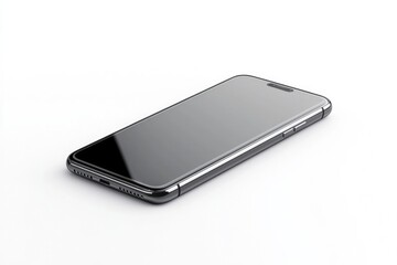 Mockup 3D rendering of a sleek, modern smartphone placed in a tilted position on an isolated white background. The device is displayed with a highly realistic finish and high resolution. Perfectly