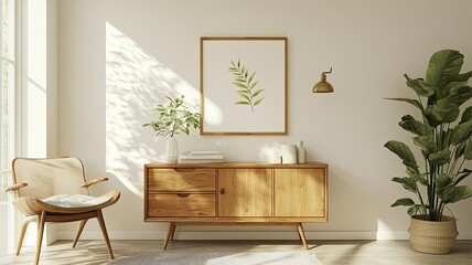 Minimalist living room with wooden furniture, plants, and natural light.